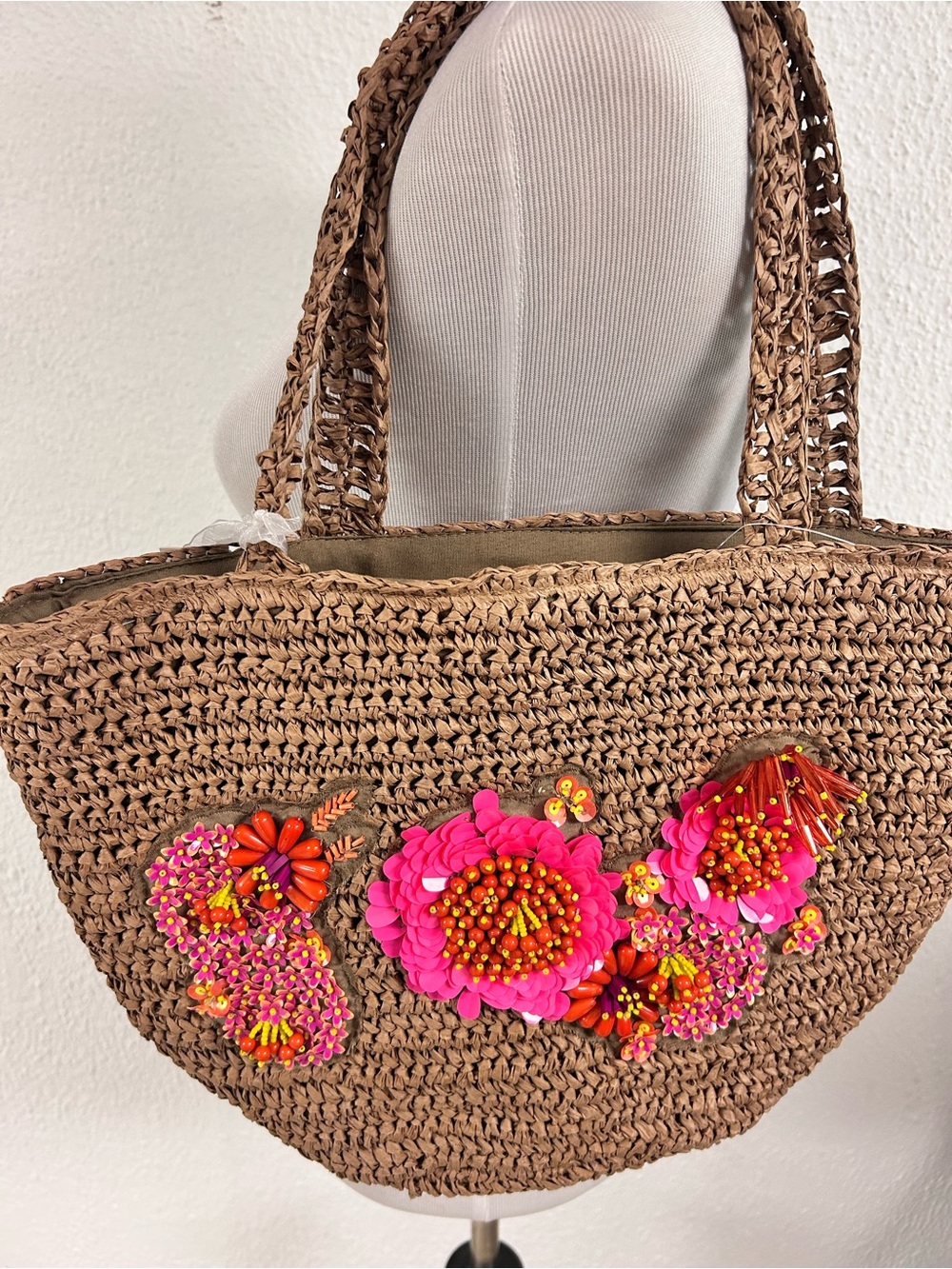 Handcrafted India Woven Straw Tote Bag Floral Beaded Sequin Tan Summer Beach Bag